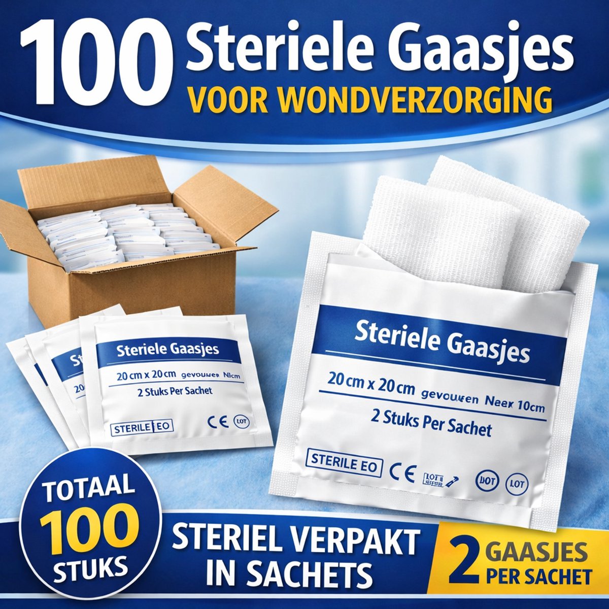 100 Steriele Gaasjes voor Wondverzorging (20x20 cm, gevouwen naar 10x10 cm) zijn steriel verpakt in sachets van 2 stuks. Perfect voor desinfectie of sterilisatie van kleine wonden. Veilig en handig voor thuis of professioneel gebruik.