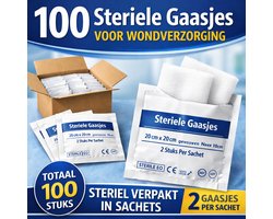 100 Steriele Gaasjes voor Wondverzorging (20x20 cm, gevouwen naar 10x10 cm) zijn steriel verpakt in sachets van 2 stuks. Perfect voor desinfectie of sterilisatie van kleine wonden. Veilig en handig voor thuis of professioneel gebruik.