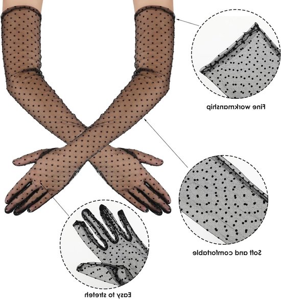 Polka Dot Lange Kanten Tule Handschoenen - Zwarte Doorzichtige Vintage Ellebooglengte Handschoenen voor Bruiloft, Theeparty en Dansfeest — afbeelding 2