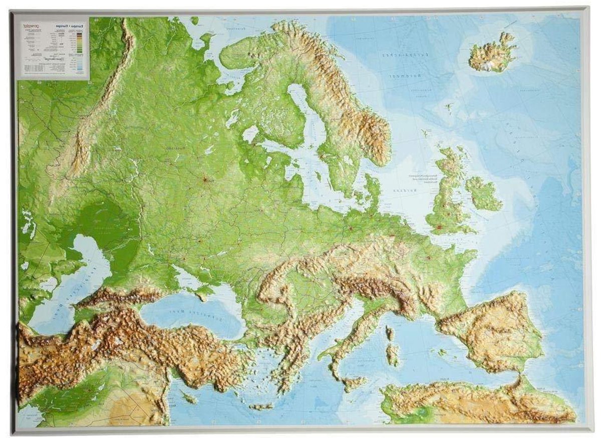 Europa Reliëfkaart - Fysieke kaart - Geografie Leren - Kunststof 3D reliëf - 60 x 81 cm - Meerdere kleuren
