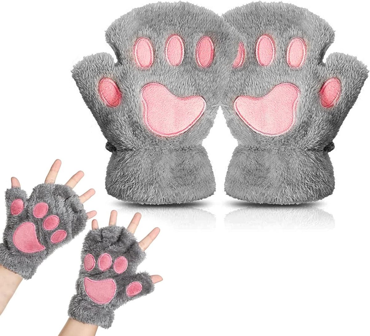 Vingerloze Handschoenen voor Dames, Schattige Kattenpoot Handschoenen, Warme Cosplay Halfhandschoenen voor Vrouwen en Meisjes, Grijs, 18*13*3cm