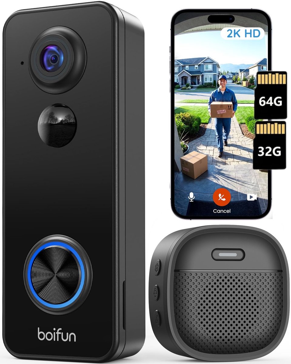BOIFUN Video Deurbel met Camera - Draadloze deurbel - 2K HD - Inclusief Binnenbel & Batterijen & 32GB 64GB kaart - Zonder abonnement - AI-mensdetectie - Tweeweg Audio - Deurbel met camera