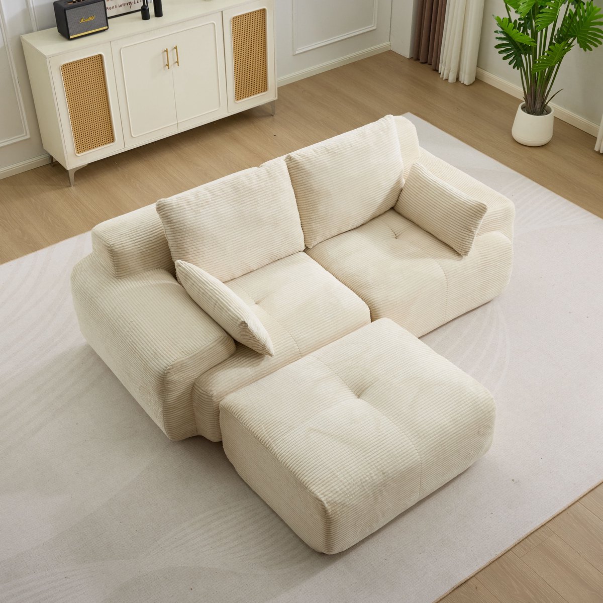 Multifunctionele Corduroy Slaapbank – Opvouwbaar met 2 Armleuningen – 3-in-1 Design – Geschikt voor 2 Personen – Flexibele Opstelling – Te Gebruiken als Logeerbed, Bank en Ligstoel – Woonkamer/Slaapkamer – Beige
