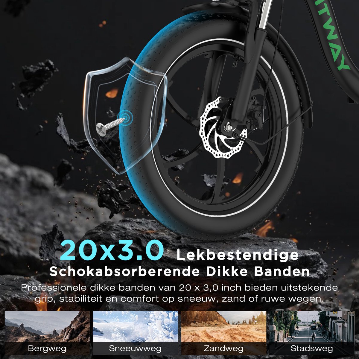 Hitway Elektrische Fiets BK6S Pro - 20*4.0 Inch Fat Tire City Commuter EBike met Afneembare 48V 18Ah Lithium Batterij - Opvouwbaar Mountain E-Bike met 250W Motor - APP Bediening - 7 Versnellingen - IP54 Waterdicht - afbeelding 3