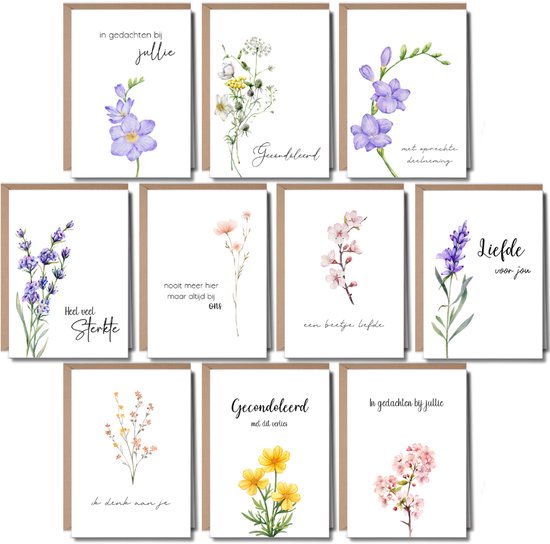 10 Luxe Condoleancekaarten met Enveloppen - Rouwkaarten - Sterkte & Troost - A6 - Blanco - Bloemen Wit