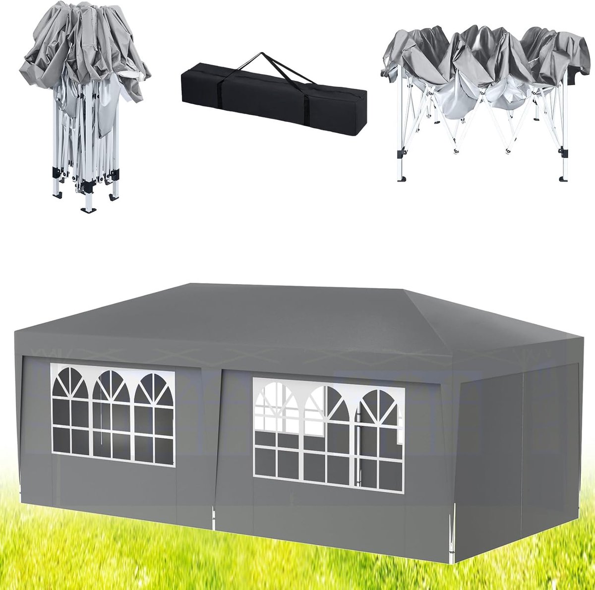 Aufun Tuinpaviljoen 3x6m inklapbaar met 6 zijwanden, 4 met ramen en 2 met rits, UV-bescherming voor buiten en kamperen, grijs
