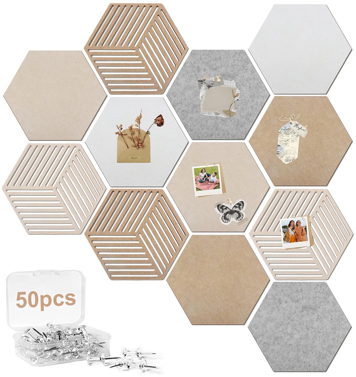12 Stuks Prikbord Vilt - Zelfklevend DIY prikbord kurk met 50 punaises - Zeshoekige memobord - Voor thuis, kantoor, klaslokaal, foto's, notities wanddecoratie