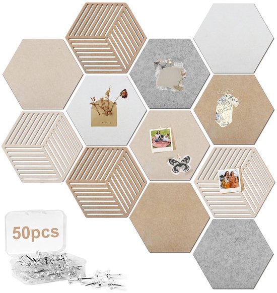 Hexagonale kurkborden in beige, grijs, wit en met houten rasterpatroon. Inclusief doosje met 50 punaises.