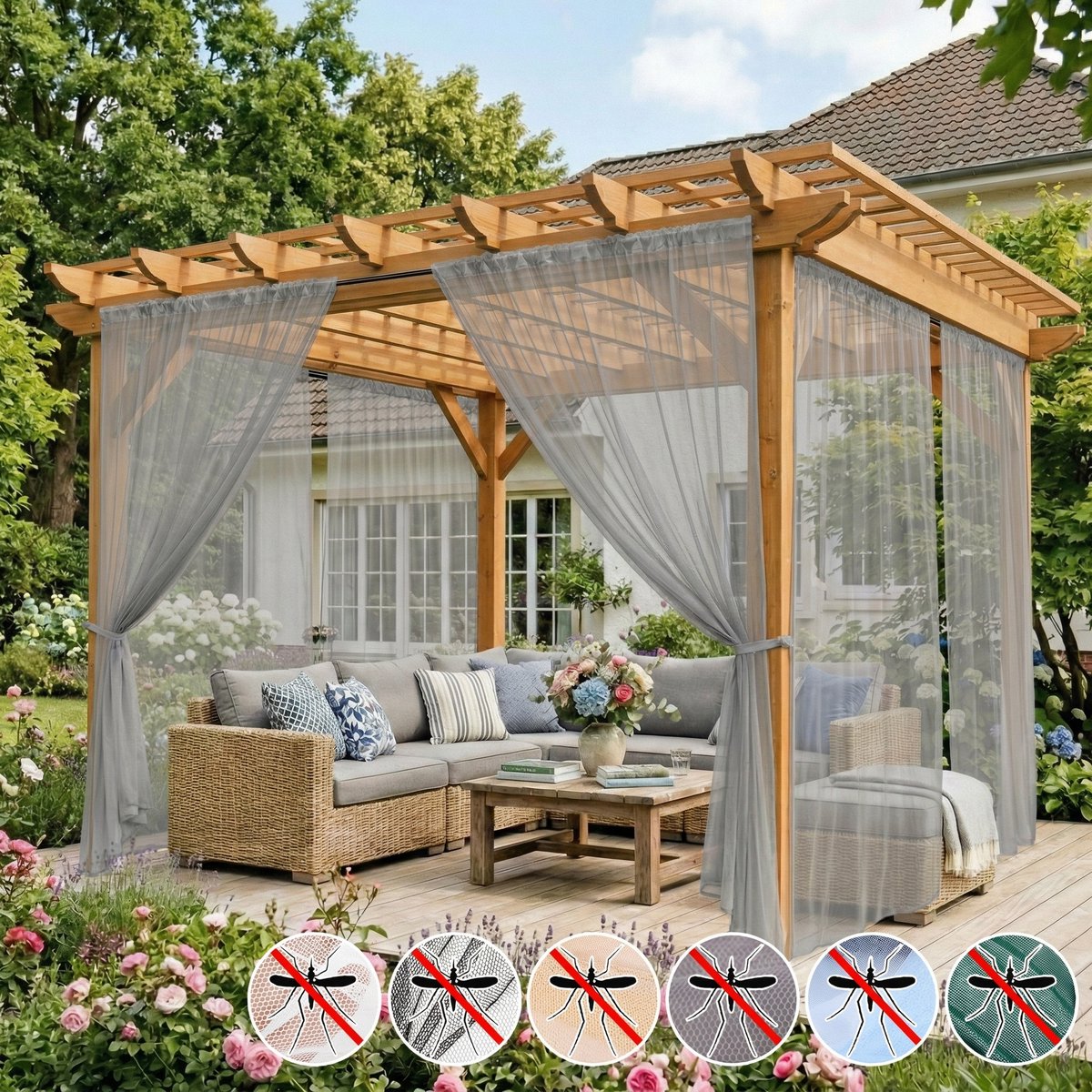 MUPOO DIY extra Breed 320cm VliegenBuitengordijn & Anti-Muggen Buitengordijn Kant en Klaar met Tunnel (Roede/Touw) - Fijnmazig Insectennet -Op Maat te Knippen - Klamboe voor Tuin, Balkon & Deur - Luchtig - Beige - 320x305cm Grijs-1 stuck