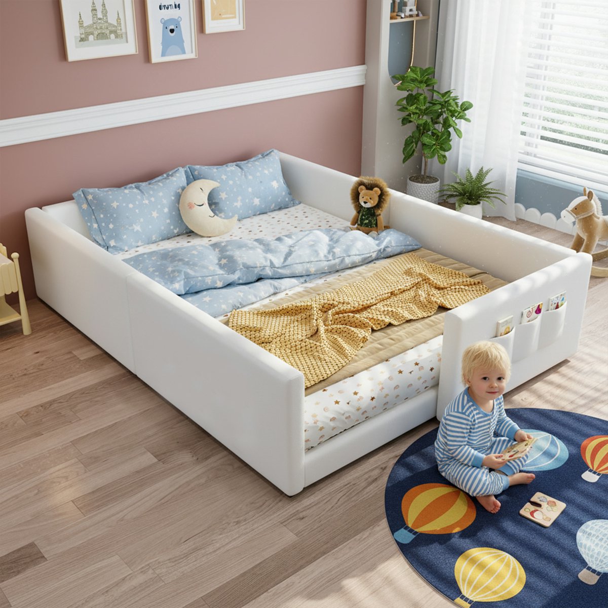 MODFU Kinderbed 140x200 cm – 3 opbergvakken & omlopende rand – Minimalistisch – Kunstleer – Wit