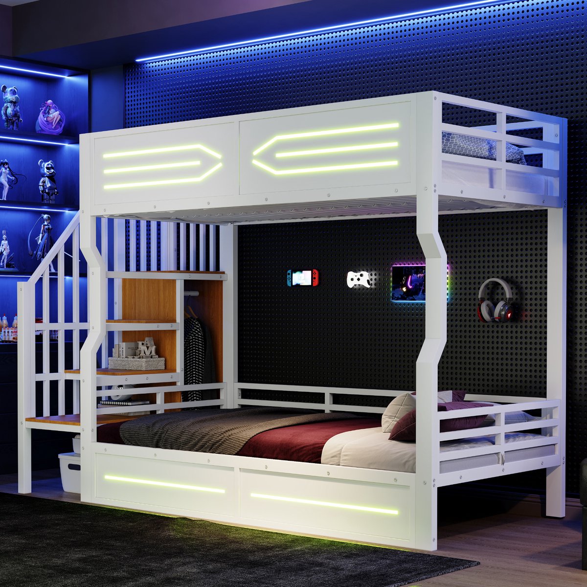 MODFU Hoogslaper 90x200 cm – Met opbergtrap & LED – Modern – Metaal en MDF – Wit
