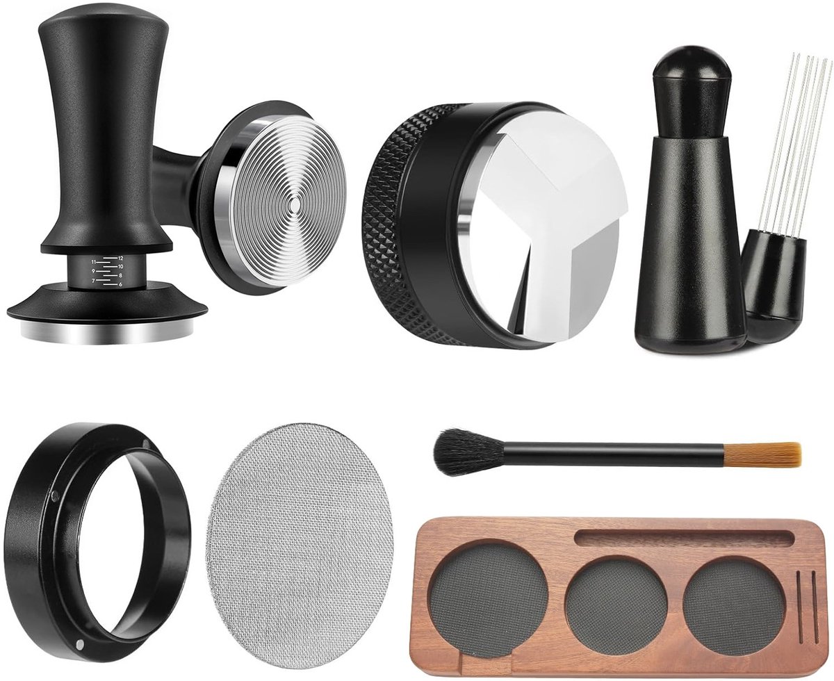 7-delige espresso-accessoireset met houten espressostamper, koffiestamper, dispenser, roerstaafje, maatbeker, borstel en koffiezeef (51 mm).