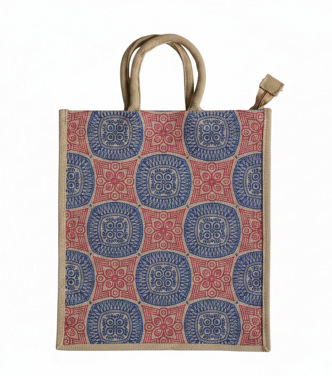 Jute Tas met Kleurrijk Patroon en Rits & Stevige Handvaten - Ruime Duurzame Handtas (40x36x13 cm)
