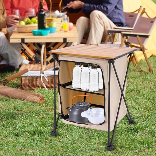 Opbergkast Camping - Keukenstation Tafel - Buiten Leven - Inklapbaar Ontwerp - 40x40x58 cm - Beige — afbeelding 3
