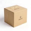 Gouden geschenkdoos van 'Artic' met gestrikt touw en subtiel bladmotief.