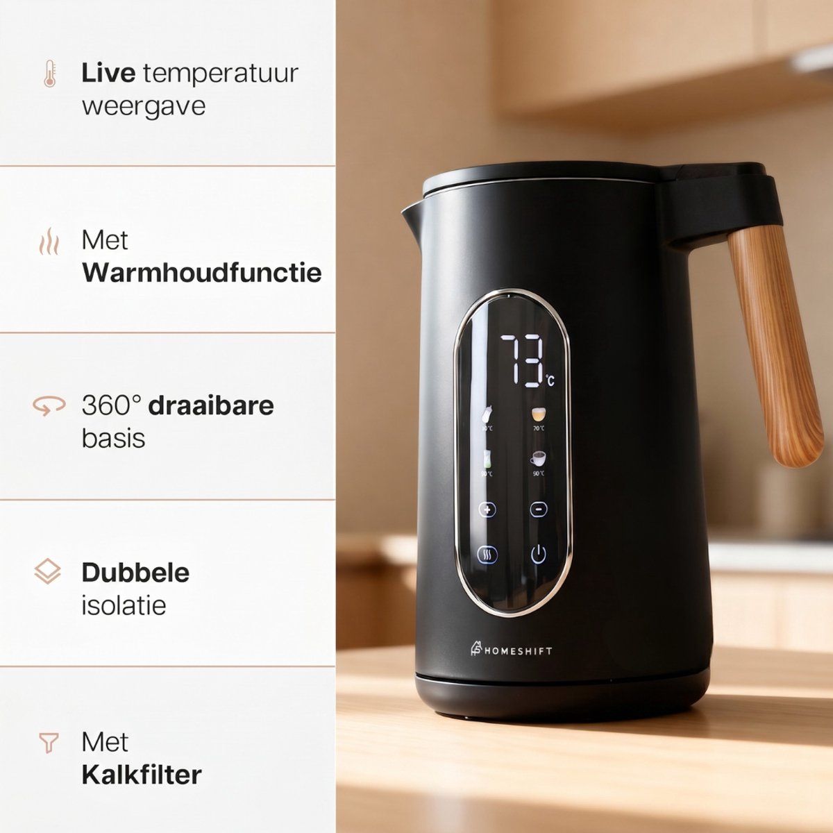HomeShift® Waterkoker met Temperatuurregeling - Warmhoudfunctie - Dubbelwandig - Elektrisch - 1,7 Liter - 2200W - Zwart / Hout thumbnail 4