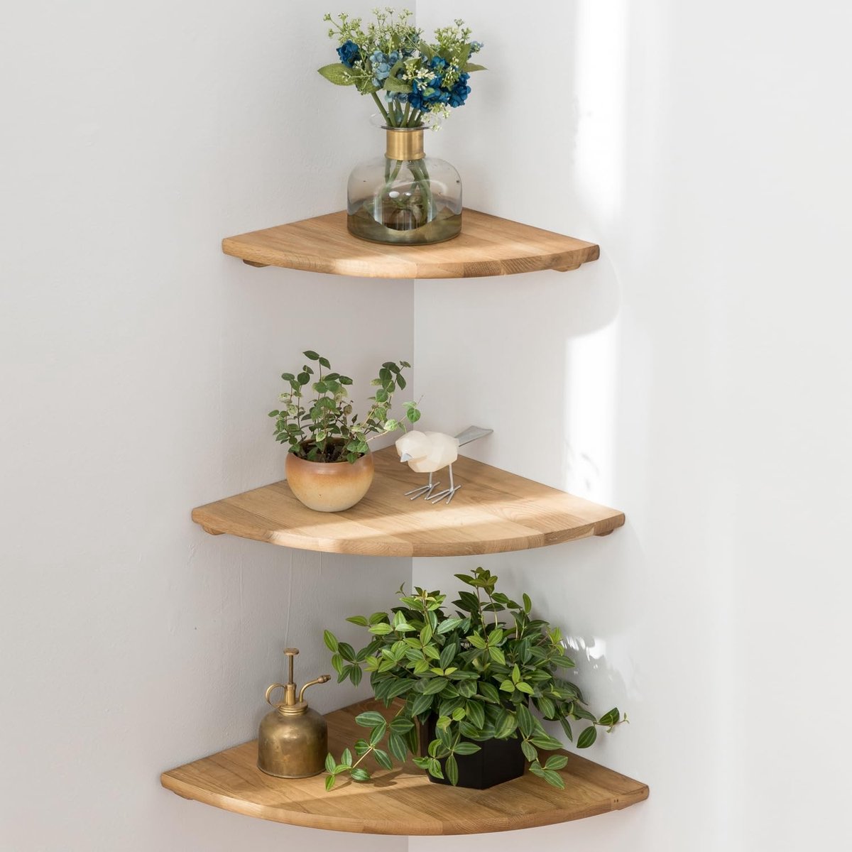 MTTproducts - Rustiek eikenhouten hoekplank - Zwevende planken - Set van 3 - Natuurlijk eiken - Decoratieve wandplanken - Voor luidsprekers en boeken