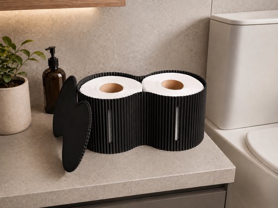 Zwarte, minimalistische toiletrolhouder met twee rollen toiletpapier, verticale ribbels en indicatiegleuven.