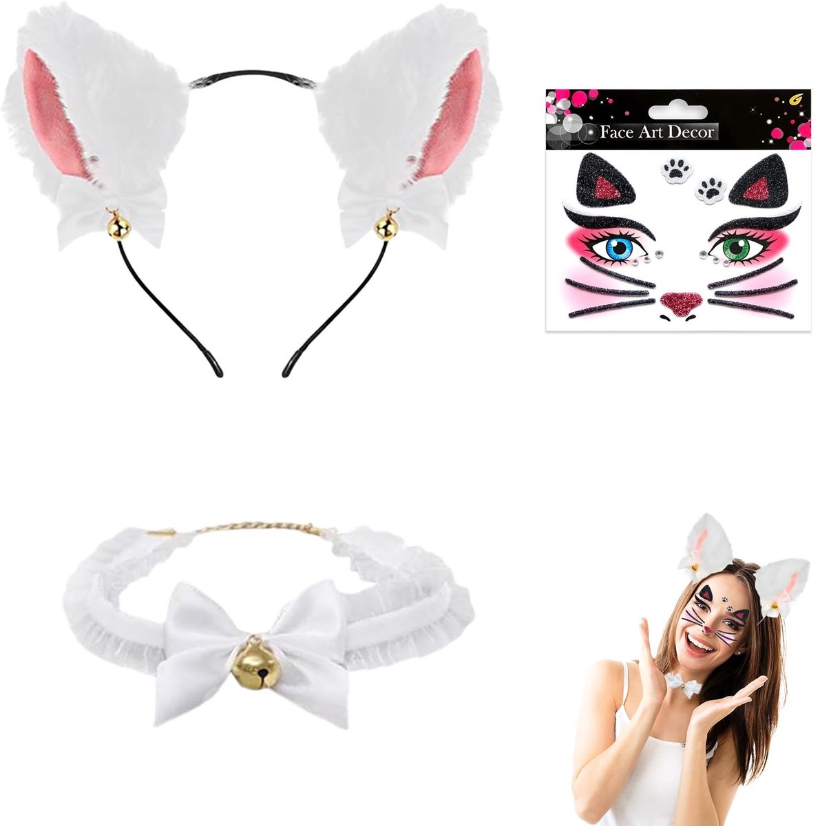 MTTproducts- Kattenaccessoires Set - Witte Kattenoren Haarband - Halsketting met Belletje - Katten Tattoo Sticker - Imitatieleer - Duurzaam en Comfortabel - Kattenkostuum
