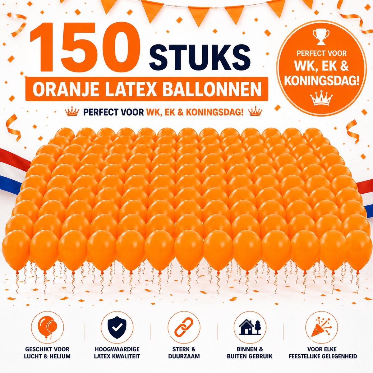 150 Oranje Ballonnen – Latex Ballonnen voor WK, EK & Koningsdag – Oranje Versiering – Helium Geschikt – 150 Stuks