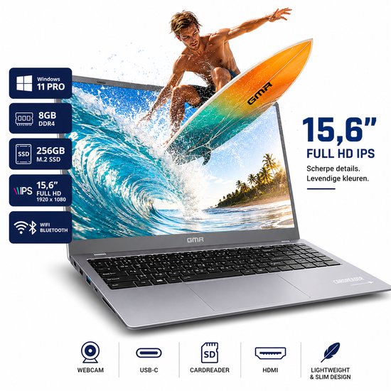 Surfer die uit een GMR 15.6" Full HD laptop springt. Met specificaties zoals webcam, USB-C en lichtgewicht design.