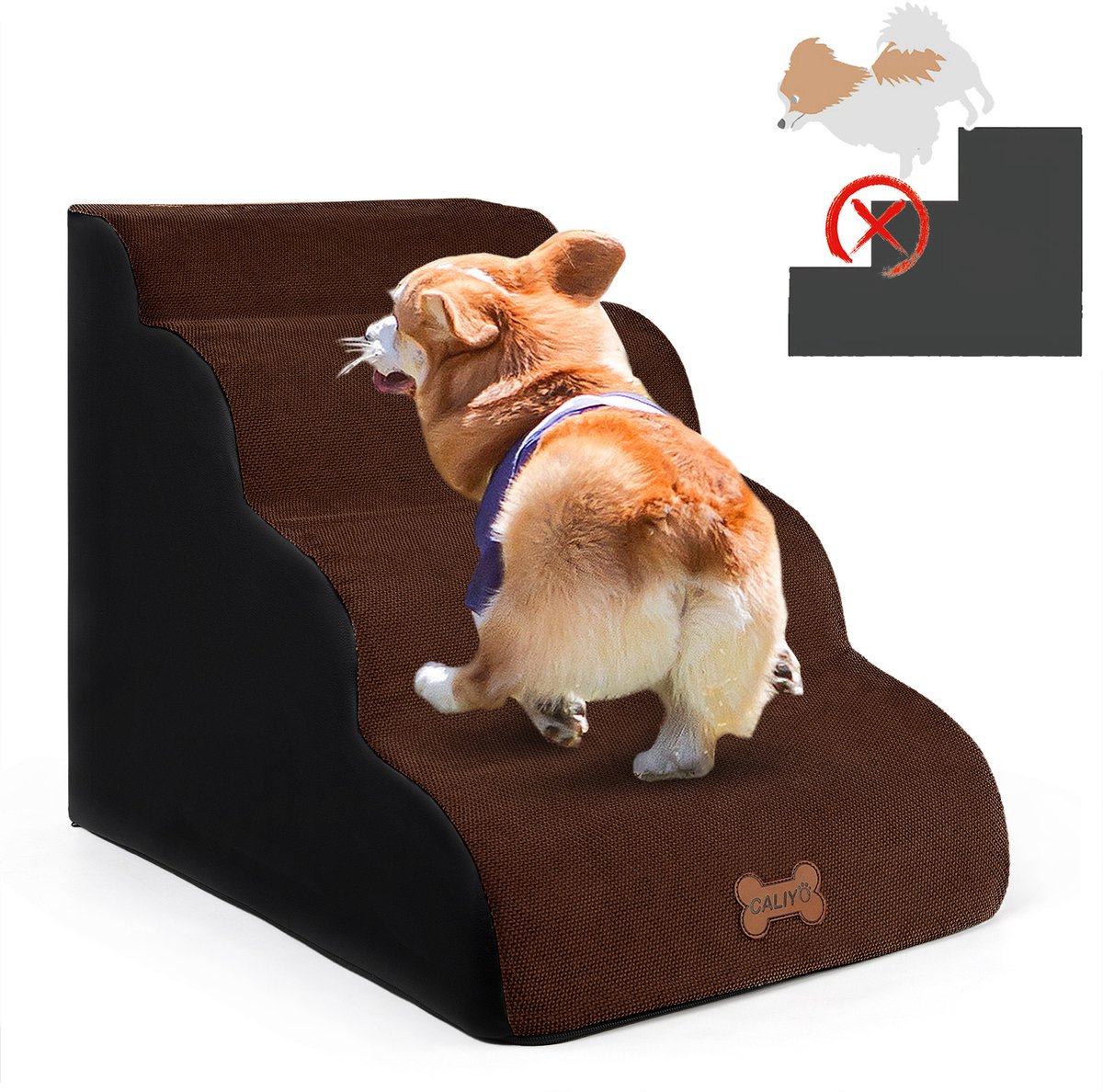 CALIYO Hondentrap - Trap Hond 4 Treden – 40x75x50 cm - Hondentrapje voor Honden - Hondenloopplank - Opstapje Hond - Foam - Bruin
