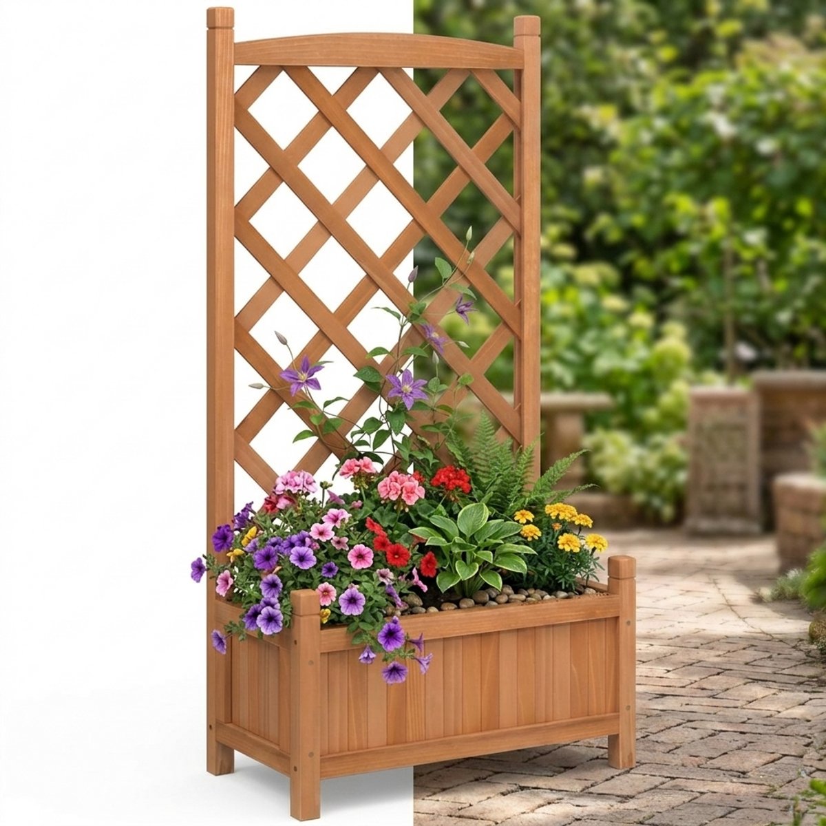 Plantenbak met klimrek - Weerbestendig - Bloembak - Met trellis - Buiten - Hout - Plantenrek - Vierkant- 35 Liter - Bruin