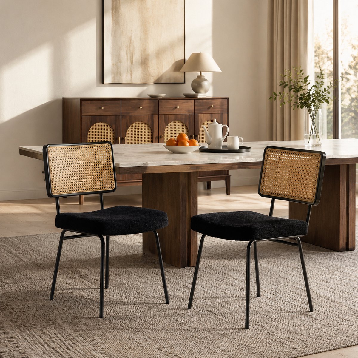 Welltin Eetkamerstoelen Set Van 2 - Eetkamerstoel - Eetkamerstoelen - Gewatteerde zitting - Massief houten frame - Chenille - Metalen stoelpoten - Modern Design - Zwart