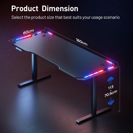 Elektrisch In Hoogte Verstelbaar Gamingbureau (140x60cm) met LED Verlichting en Geheugenfunctie — afbeelding 5