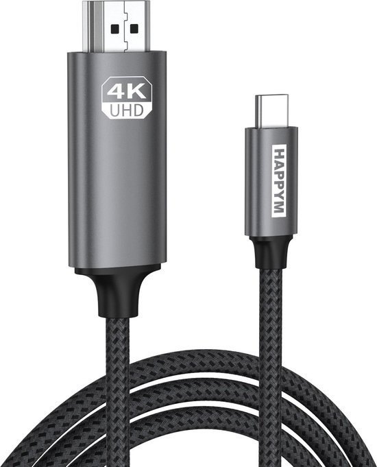 Grijze USB-C naar HDMI kabel met 4K UHD logo en gevlochten snoer.