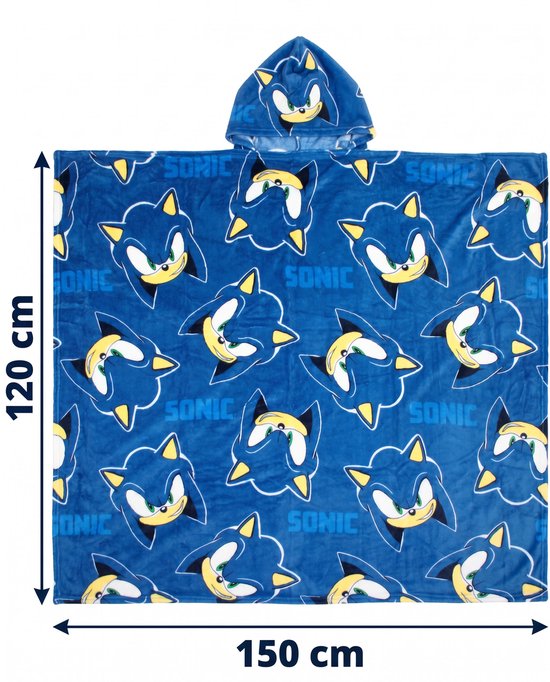 Blauwe flanellen deken met capuchon (120x150cm), bedrukt met de afbeelding van Sonic the Hedgehog.