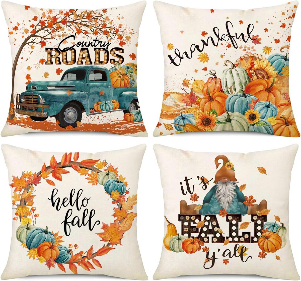Set van 4 Herfst Kussenslopen 18 x 18 cm - Blauw en Oranje Pompoen Decoraties voor Sofa en Bank