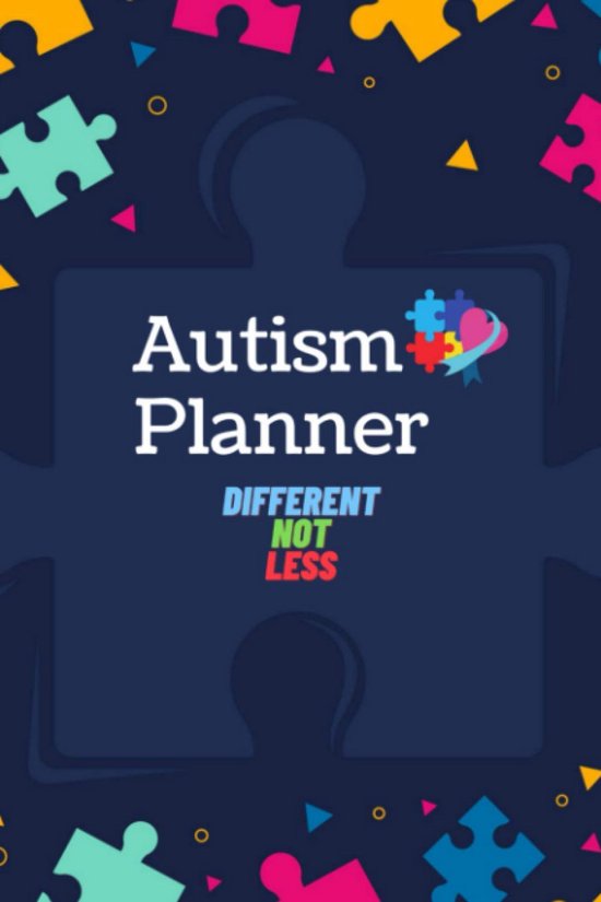 Autisme Planner met puzzelstukjes en de tekst 'Autism Planner' en 'DIFFERENT NOT LESS'.
