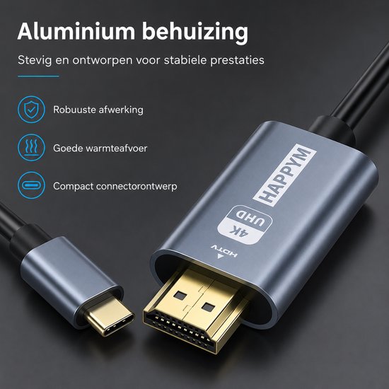Close-up van de zilverkleurige aluminium behuizing van de HappyM USB-C naar HDMI-kabel, met de 4K UHD-markering.