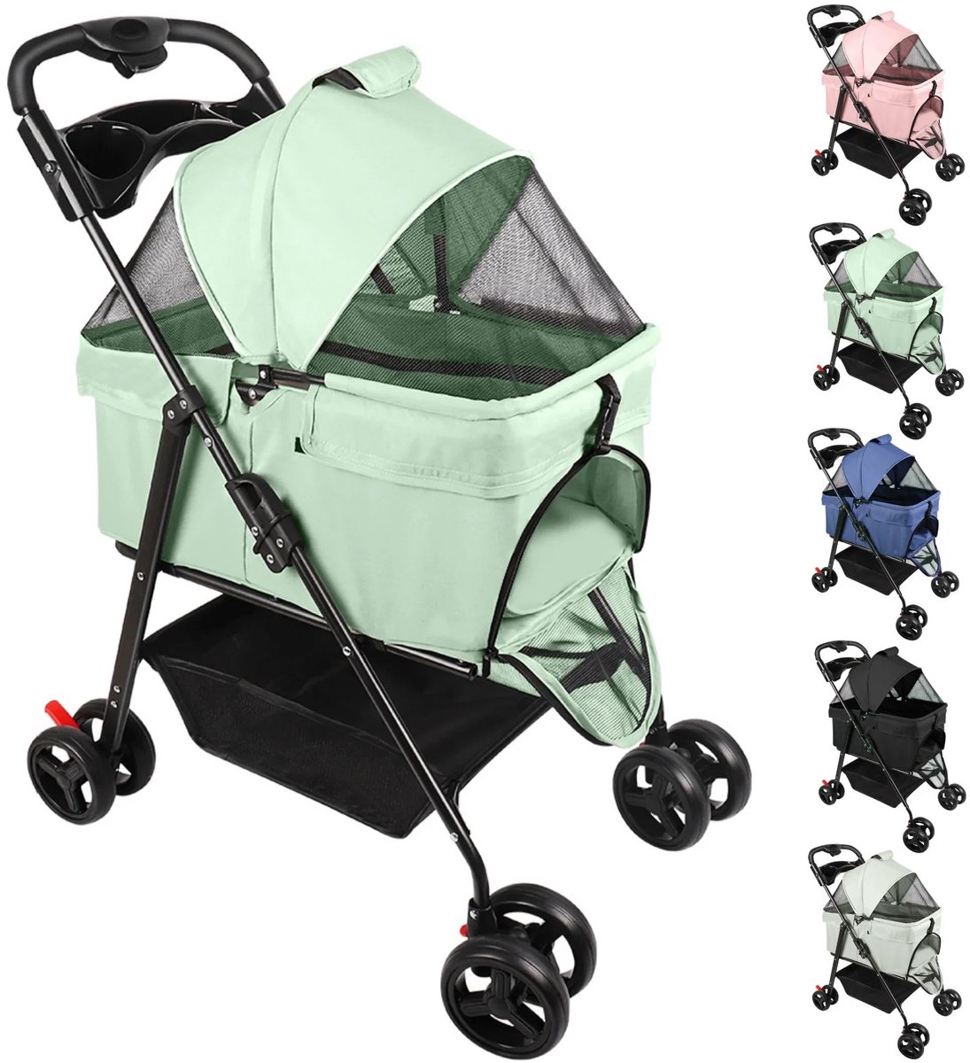 Dailygoods Honden- en kattenbuggy met 4 wielen, 3-in-1 opvouwbare buggy met afneembare wieg, ademend gaas, opbergmand en
