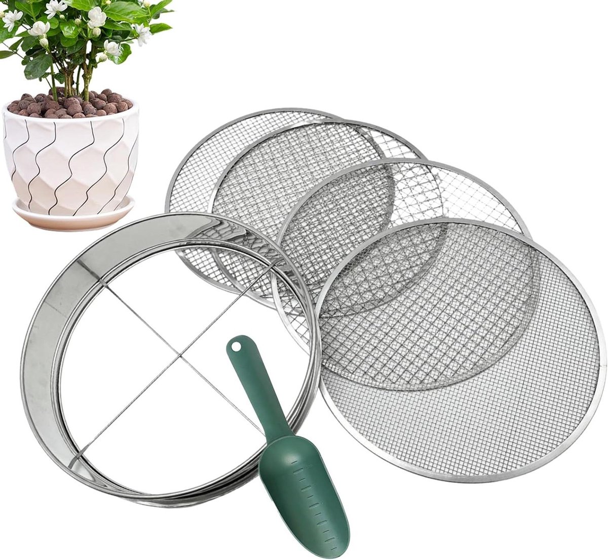 Tuinaardezeef - Compostzeef Bodemzeef - Bodem Voorbereiden - Verwisselbare Zeefmaten - 32.6 x 32.5 x 9.1 cm - Zilver