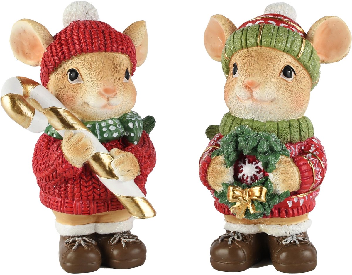 Dekoratief | Kerstmuisje staand, rood/groen, resina, 9x7x14cm, set van 2 stuks | A265434