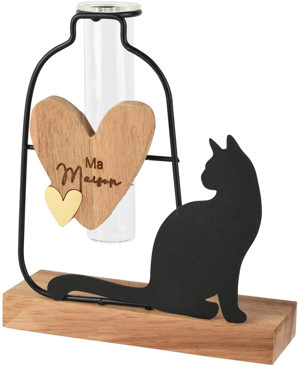 Dekoratief | Deco vaasje m/poes 'Ma Maison', zwart/naturel, hout/glas, 15x5x17cm | A265208