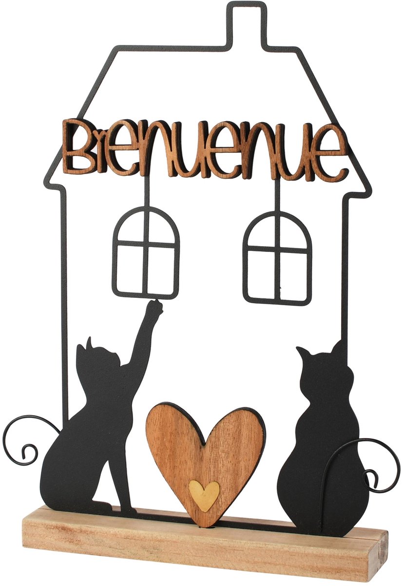 Dekoratief | Deco huis m/poezen 'Bienvenue', zwart, metaal,/hout, 20x4x26cm | A265217