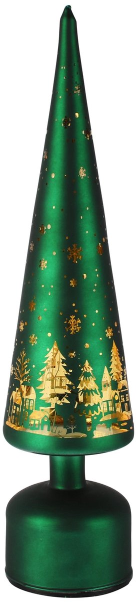 Dekoratief | Kegel vormboomje op voet, groen, glas, roterend, LED, 9x9x40cm | A265982