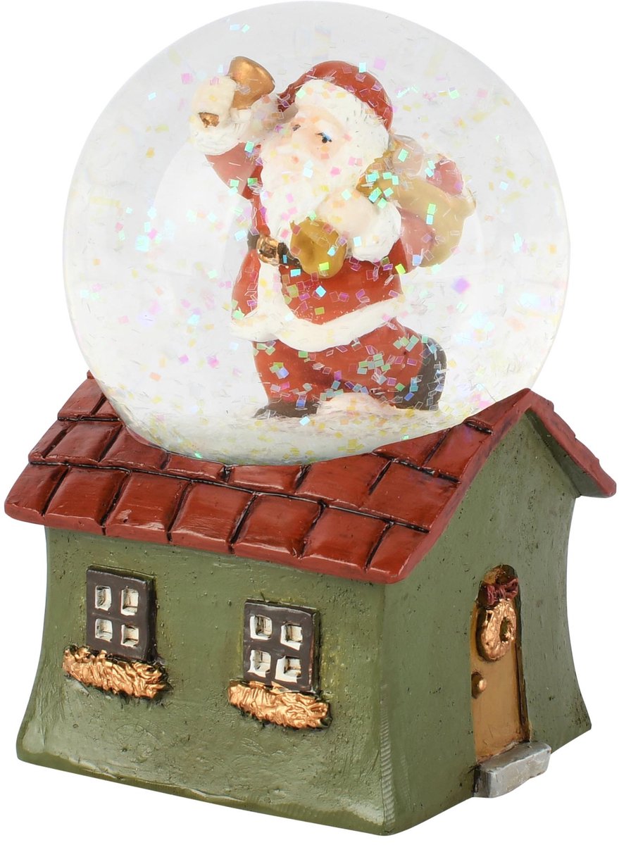 Dekoratief | Waterbol huisje m/santa, groen/rood, resina/glas, 7x6x10cm | A265717