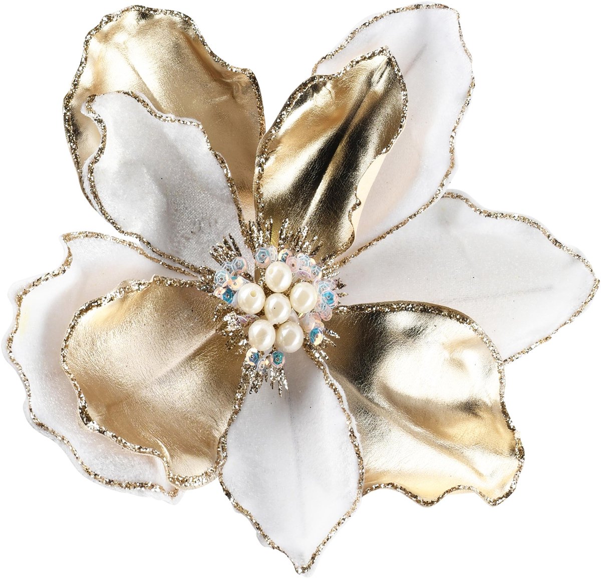 Dekoratief | Deco bloem op clip, wit/goud, polyester, 16x16cm | A265530