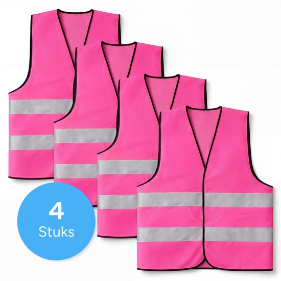 Vier roze veiligheidshesjes met reflecterende zilveren strepen en zwarte biezen. Bovenin een blauwe cirkel met '4 Stuks'.
