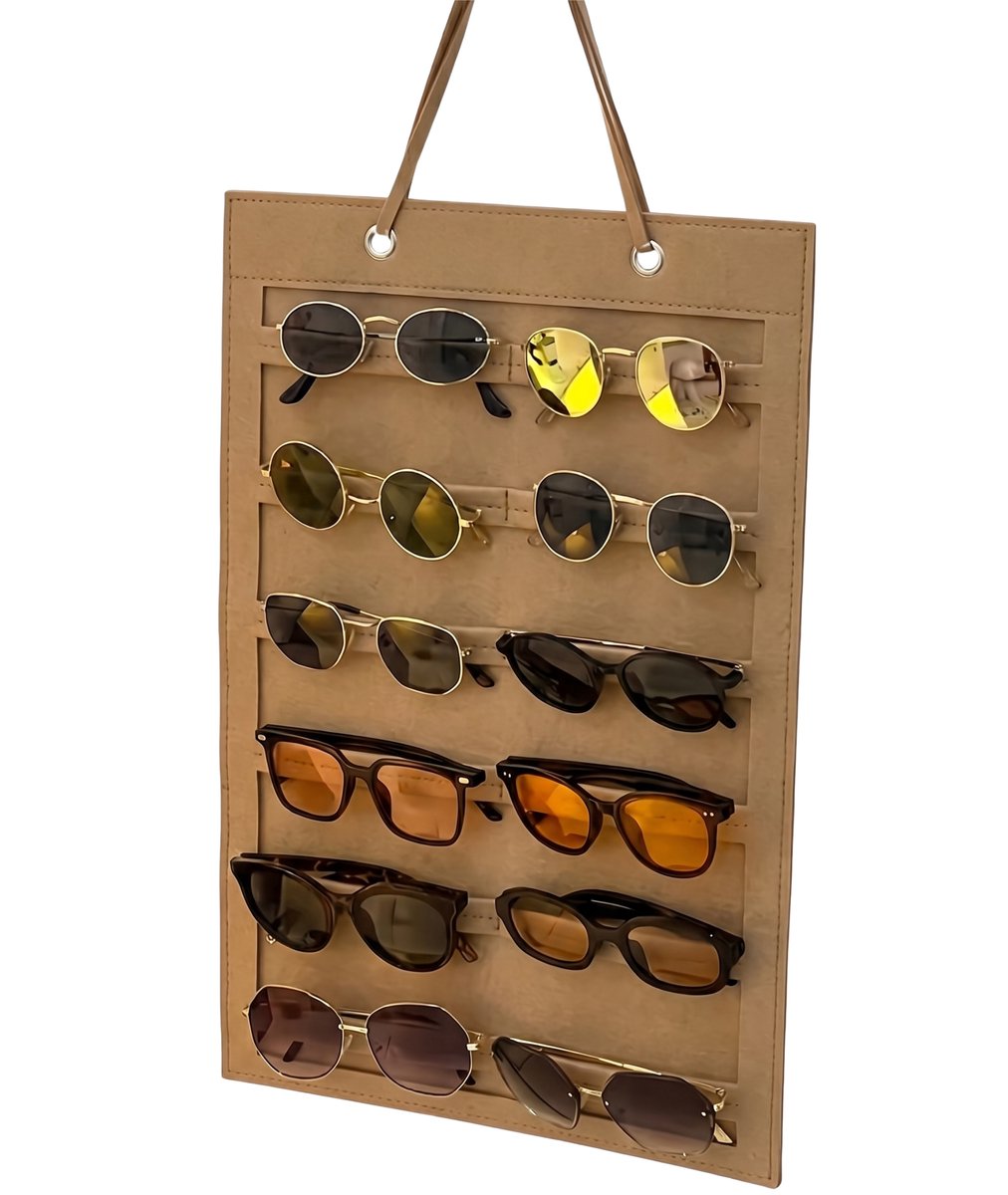Zonnebrillen Organizer 12 Vakken - Bruin - Vilten Ophangbare Brillenhouder - Wandmontage - Ruimtebesparend - Ideaal voor Thuis, Studenten of Winkels - Brillen Opbergen & Display - Handige Brillen Opberger