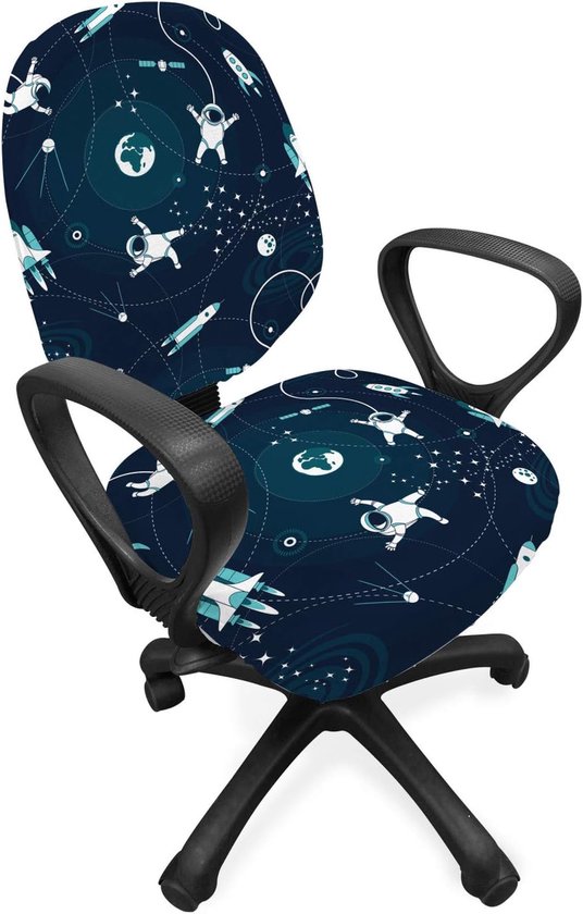 ABAKUHAUS vierkante kantoorstoel met overtrek, De Wereldwijde Baan met Astronauten, Decoratieve Beschermhoes van Rekstof, Donkerblauw Teal Donkerblauw
