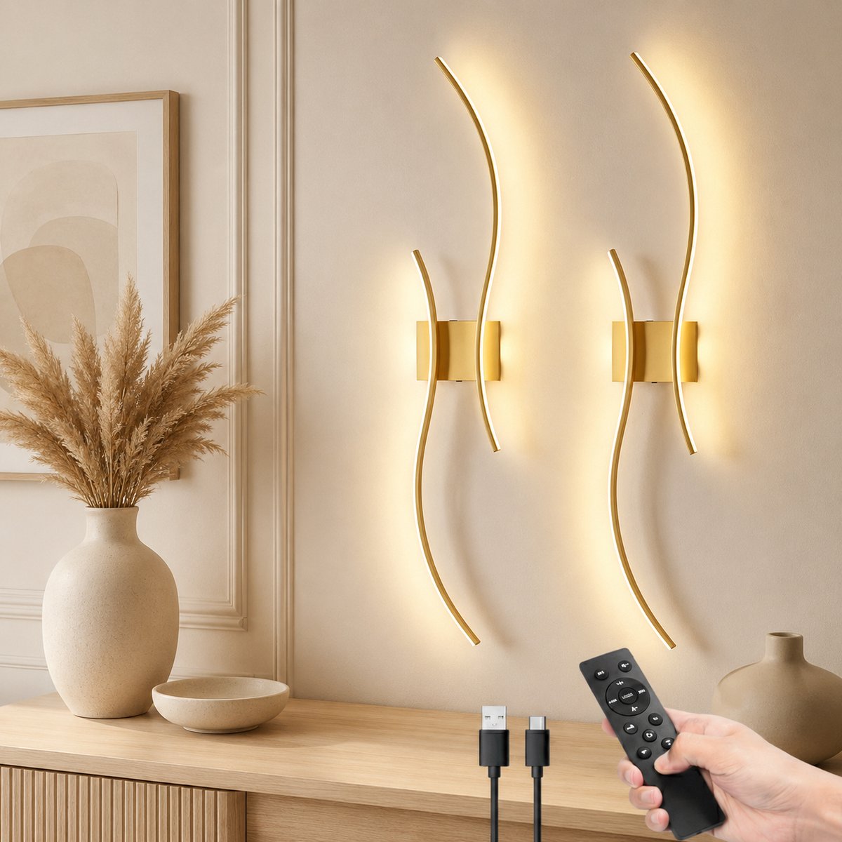 MUPOO Touch Wandlamp Binnen Oplaadbaar (2 Stuks)-Timer & Geheugenfunctie - Nachtlichtmodus &Dimbaar- Afstandsbediening- Wandlampen voor Woonkamer & Slaapkamer-Wandverlichting&Sfeerverlichting - Goud