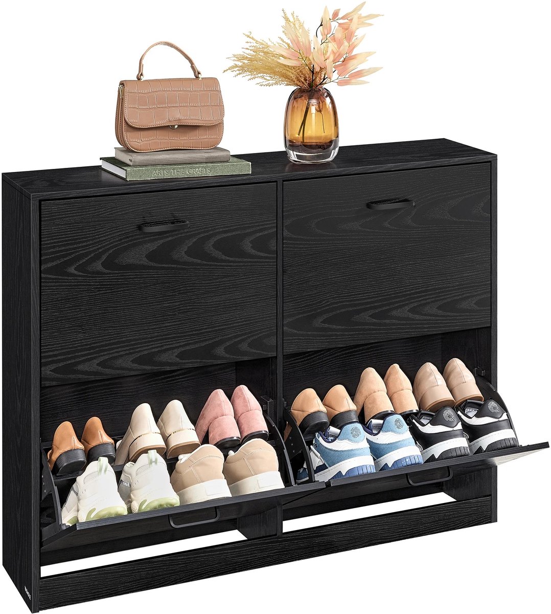 Noventra schoenenkast - Opbergkast - Schoenenrek - Kast - 24x105,5X82,7cm - 16-28 paar schoenen - Spaanplaat - 4 vakken - Zwart