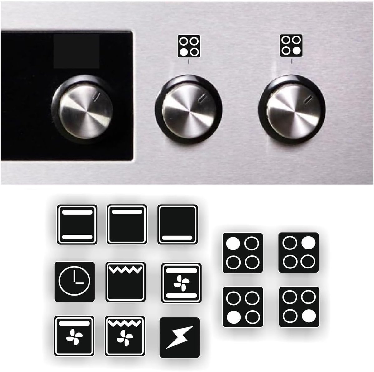 Set Oven & Fornuis Symbolen Stickers Universele Markeringen voor Gas & Elektrisch Fornuis (Zwart Wit 15mm)