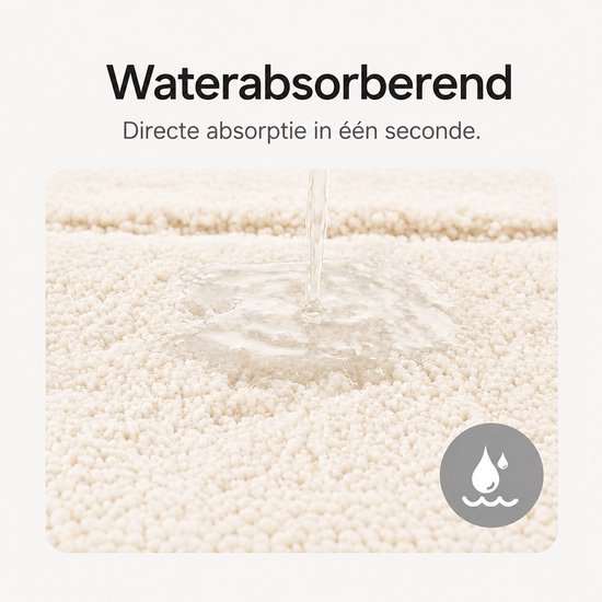 Water dat op de beige badmat wordt gegoten, dat onmiddellijk absorbeert.