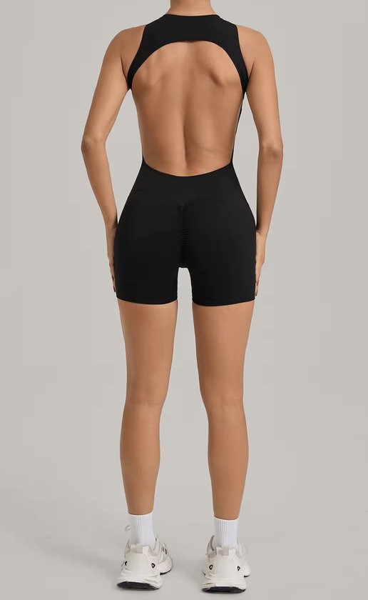Vixen Short Jumpsuit Dames - Maat M - Zwart - Seamless Sport Jumpsuit met Rits en Open Rug - Korte Fitness & Yoga Jumpsuit - Sportpak Dames — afbeelding 3